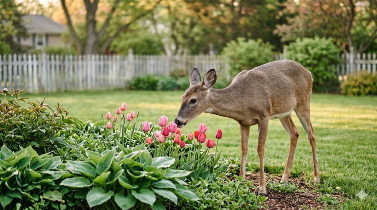 White-tailed doe eating pink tulips in a suburban backyard garden at sunrise